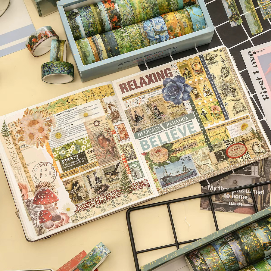 20 Rollen Washi Tape im Vintage Ölgemälde-Stil mit Blumen- und Landschaftsmustern, Multicolor, Dekoratives Papier für DIY Scrapbook und Geschenkverpackungen - Bild 5