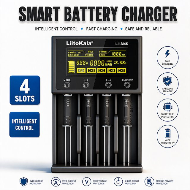 Liitokala Lii-M4S Smart Touch 4-Slot-Akkuladegerät in Schwarz mit Kapazitätstester, USB-Ausgang und Anschlüssen für 18650, 26650, AA und AAA Li-Ion sowie Ni-MH Akkus - Bild 1