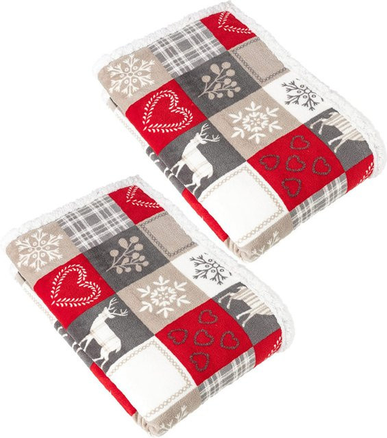 2-teiliges Kuschel-Wendedecken-Set Polar von viva domo in Patchwork-Optik, rot/multicolour, flauschiges Fleece für Erwachsene - Bild 1
