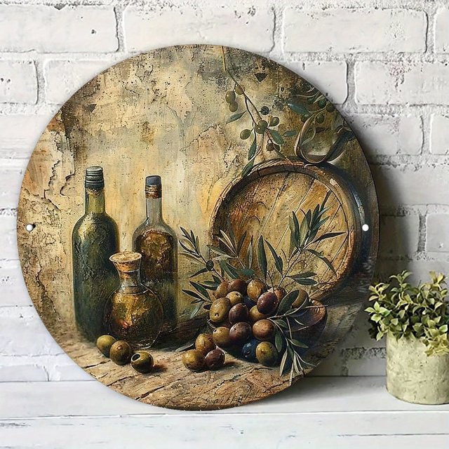 Potdemiel Wandkunstschild 2D Flat aus Aluminium im Vintage-Stil mit Stillleben von Flaschen, Gläsern und Oliven, rund, Mehrfarbig, Durchmesser: 19,99 cm - Bild 1