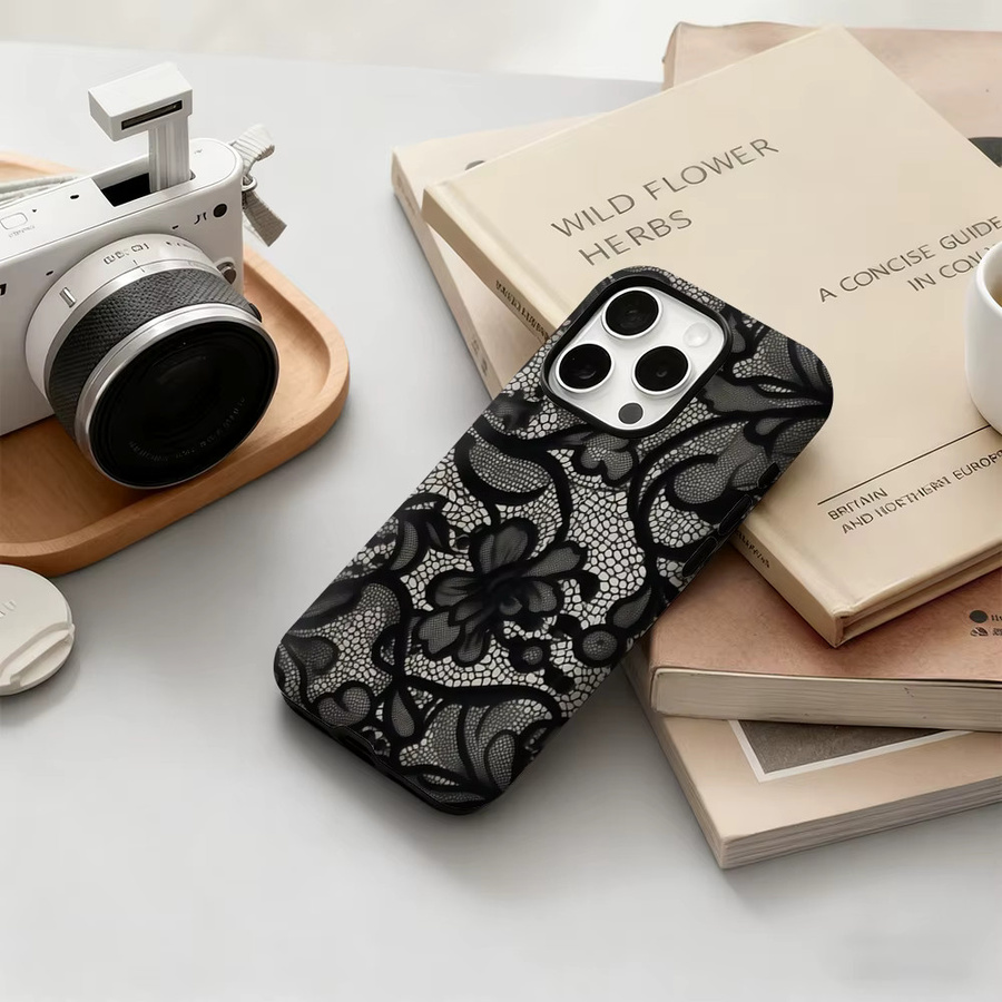 Potdemiel Handyhülle mit schwarzem Spitzenmuster für iPhone 17 16 15 14 13 12 Pro Max Plus mit doppelschichtiger Rückseite, Schwarz - Bild 5