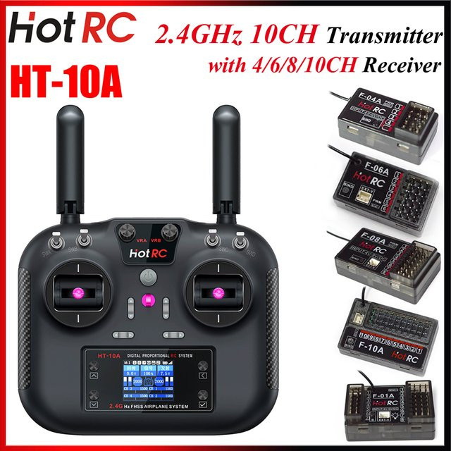 HotRC HT-10A 10CH Sender Fernbedienung mit Empfänger in Schwarz für RC Flugzeug, Drone und Quadcopter - Bild 1