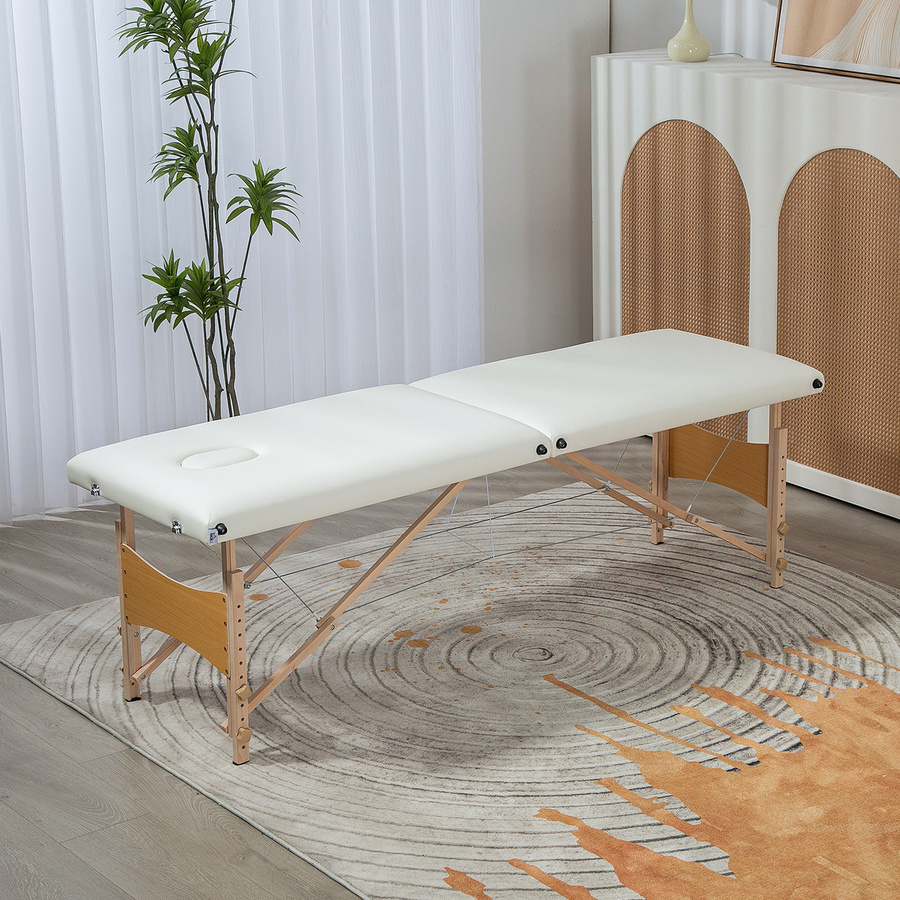 HOMCOM Mobile Massageliege mit 2 Zonen, klappbar und höhenverstellbar, Massagetisch mit Holzfüßen aus Buchenholz und Tragetasche, Cremeweiß, Breite: 60 cm - Bild 2