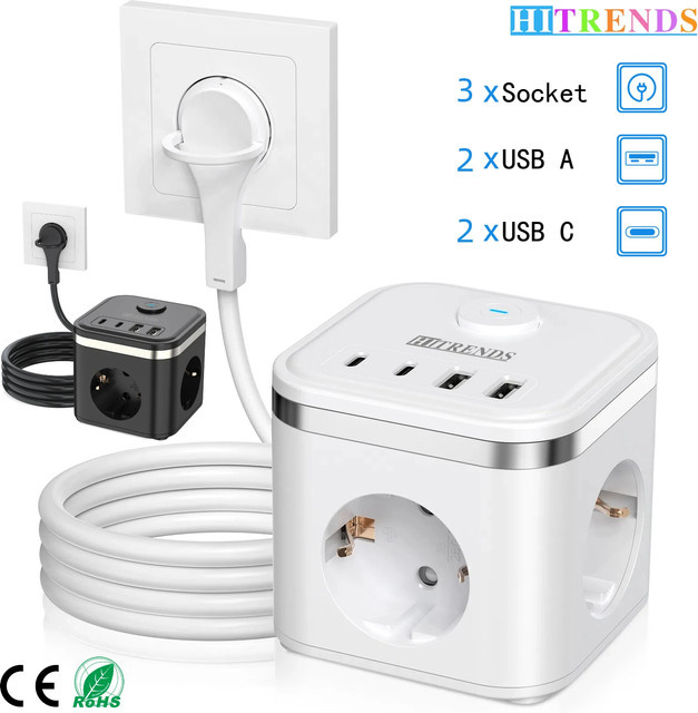 HITRENDS 7-in-1 Multifunktionale Desktop-Ladebuchse mit 3 AC und 4 USB Schnellladegerät in Weiß mit 2m Verlängerungskabel - Bild 1