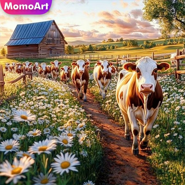 Momoart Diamant-Stickerei DIY Bild Rinder mit Gänseblümchen Mosaik Bastelset in Mehrfarbig, Breite: 20 cm, Höhe: 20 cm - Bild 1