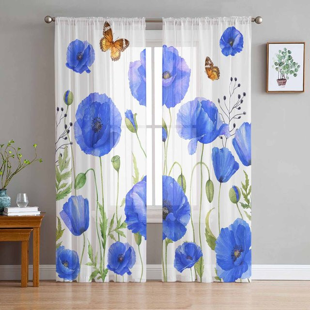 Super Six Fenstervorhang Chiffon mit blauem Retro Aquarell Mohnblumen Muster, transparent, Breite: 135 cm, Höhe: 114 cm - Bild 1