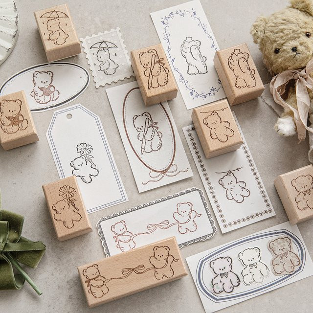 Morning Rain Little Bear Daily Planner Stempel Set mit bunten Cartoon-Mustern aus Holz für Kinder und DIY-Dekorationen - Bild 1