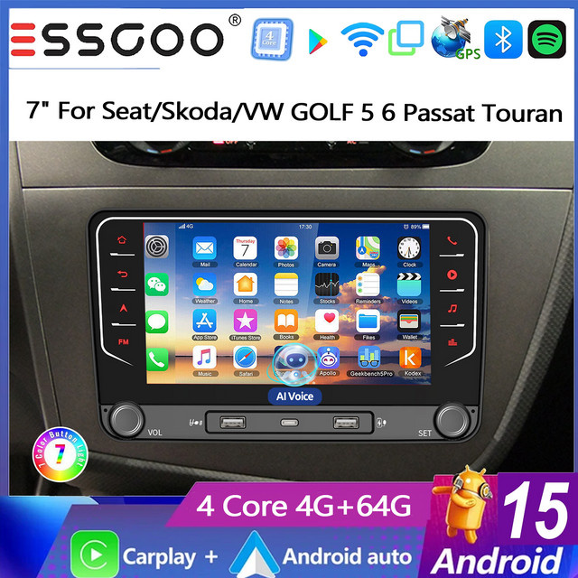 Essgoo Android 15 Autoradio mit 7 Zoll Display, 4+64G Speicher, kabellosem Carplay, Android Auto, GPS-Navigation und WLAN für Skoda, Seat, VW Octavia, Polo, Caddy, EOS, Tiguan, Passat, Jetta, Golf, Rabbit, T5 und Sharan, Schwarz - Bild 1