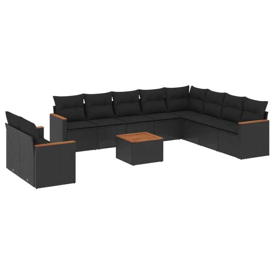 vidaXL 11-tlg Garten-Sofagarnitur in L-Form aus schwarzem PE-Rattan mit Kissen und Akazienholz - Bild 2