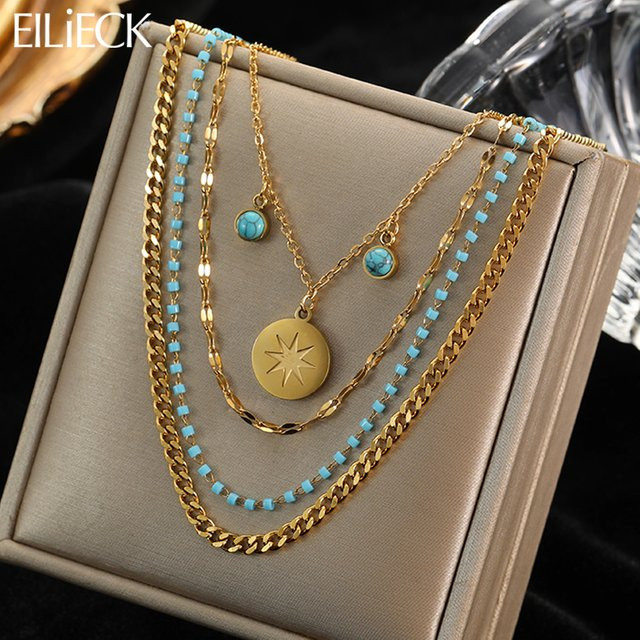 EILIECK Halskette, 4-Schicht, Edelstahl, Gold, Blau, Kristall, Damen - Bild 1