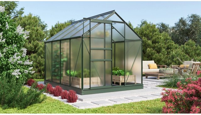 Vitavia Gewächshaus Comet 5000 in Smaragdgrün mit Aluminiumrahmen, Polycarbonat-Verglasung, Satteldach und Fundament sowie Regenrinnen, 5 m² - Bild 1