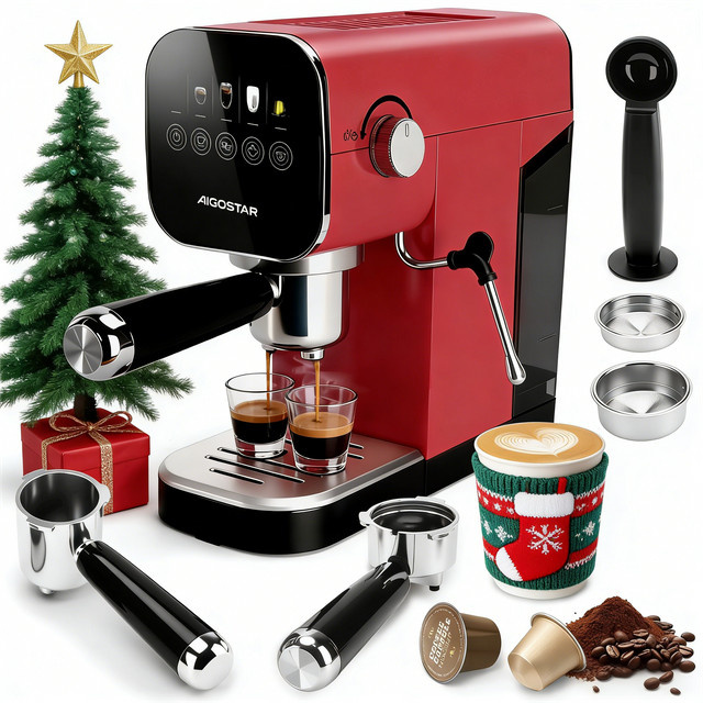 Aigostar Espresso Siebträgermaschine in Rot aus Edelstahl mit 20 Bar Druck, Digitalem Touchpanel, Milchaufschäumer und 0,9 l Wassertank, kompatibel mit Kapseln und gemahlenem Kaffee - Bild 1