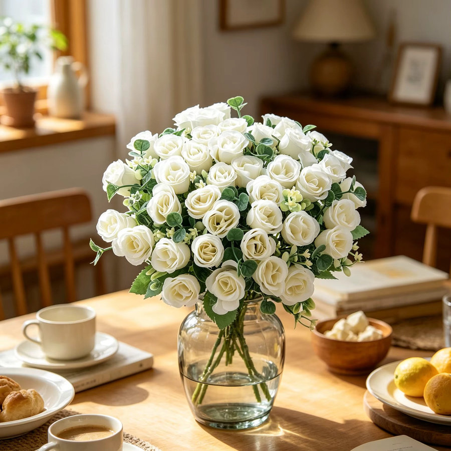 HUAFENFEN Künstliche Seidenblumen in Weiß mit zehn Köpfen für Hochzeitsdeko und DIY-Geschenke - Bild 1