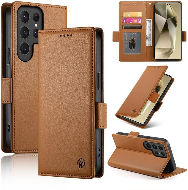 Flip Wallet Karten Slot Handyhülle aus PU Leder mit Ständer für Samsung Galaxy S25 S24 S23 S22 S21 S20 Ultra FE Plus in Braun - Bild 1