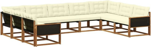 vidaXL Outdoor-Sofagarnitur L-Form aus Akazienholz mit 9 Kissen in Natur und Beige - Bild 1