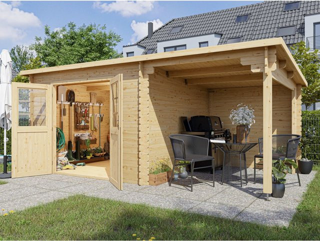 Woodtex Gartenhaus Blockbohlenhaus CA2976 mit 2 m Anbau, naturbelassen braun - Bild 1