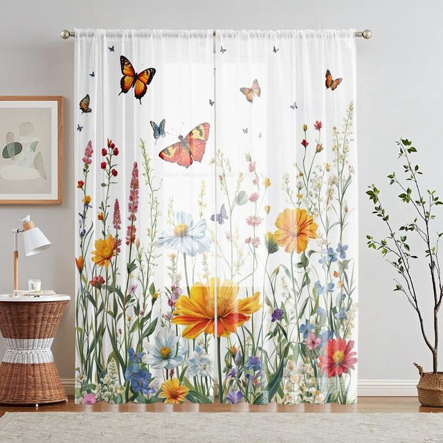 2er-Set Fensterdekoration mit gelben Blumen und Schmetterlingen in Weiß, B: 132 cm, H: 160 cm - Bild 1