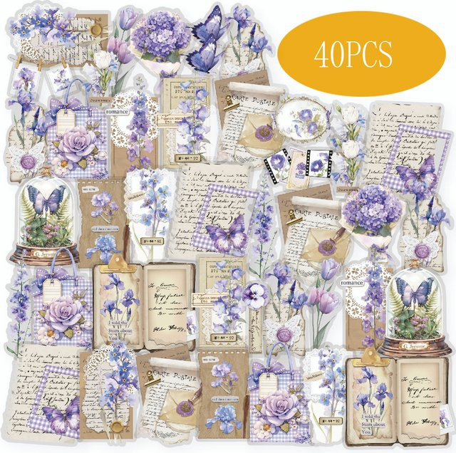 Etori Life Vintage Journal Aufkleber mit Blumenmustern und Buchstaben in Lila und Blau für Scrapbook und DIY Dekoration - Bild 1