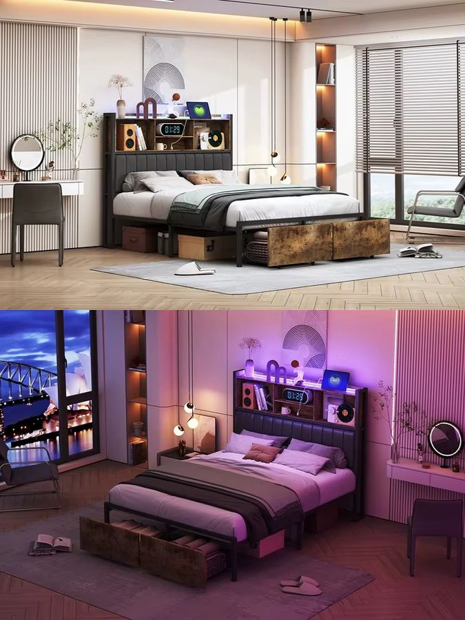 Creahappy Massivholzbett in dunklem Khaki mit gepolstertem Kopfteil, LED-Beleuchtung, USB-Buchse und Fußteil mit Doppelschubladen, B/T/H: 160 x 200 cm - Bild 6