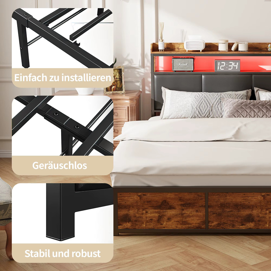 Superaly Polsterbett mit LED-Beleuchtung und 4 Schubladen in Schwarz, B/T: 180 x 200 cm - Bild 4