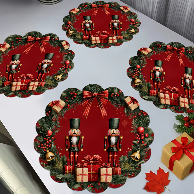 VIKAMA 4er Set Weihnachts-Nussknacker Tischsets mit goldener Schleife in Rot und Gold, runde Platzsets für die Weihnachtsdekoration - Bild 4