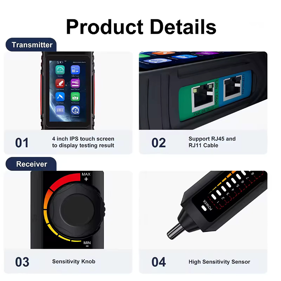 POMIACAM LT-600 Netzwerkkabel-Tester mit IP-Scan, TDR Kabellängenmessung und PoE Funktion, Farbe: Schwarz - Bild 2