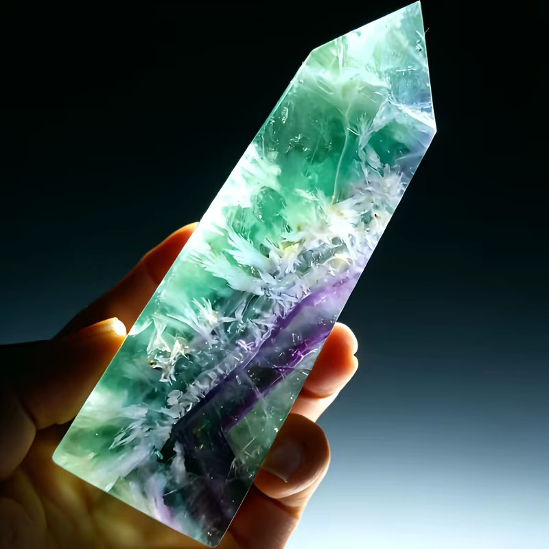 Natürlicher Feder-Fluorit quadratischer Säulenblock von CrystalHola in Grün mit Schneeflockenmuster als polierte Kristall-Dekoration im Bohemian-Stil - Bild 2