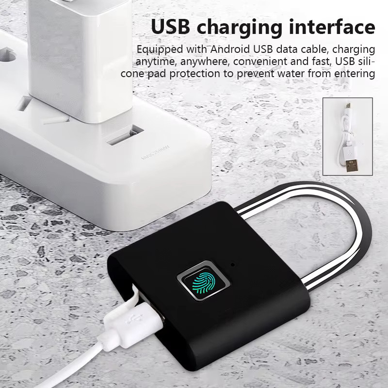 Intelligentes Fingerabdruck-Vorhängeschloss aus Zinklegierung und Metall, wasserdichtes Mini-Türschloss mit USB-Ladefunktion, Schwarz - Bild 3