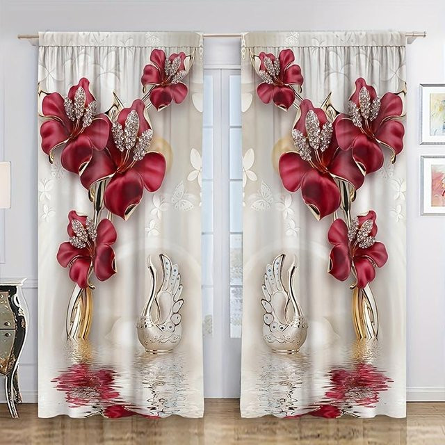 2er-Set Luxus Vorhänge mit rotem Rosen- und Goldblumen-Print, halbtransparent, B: 60 cm, H: 100 cm - Bild 1