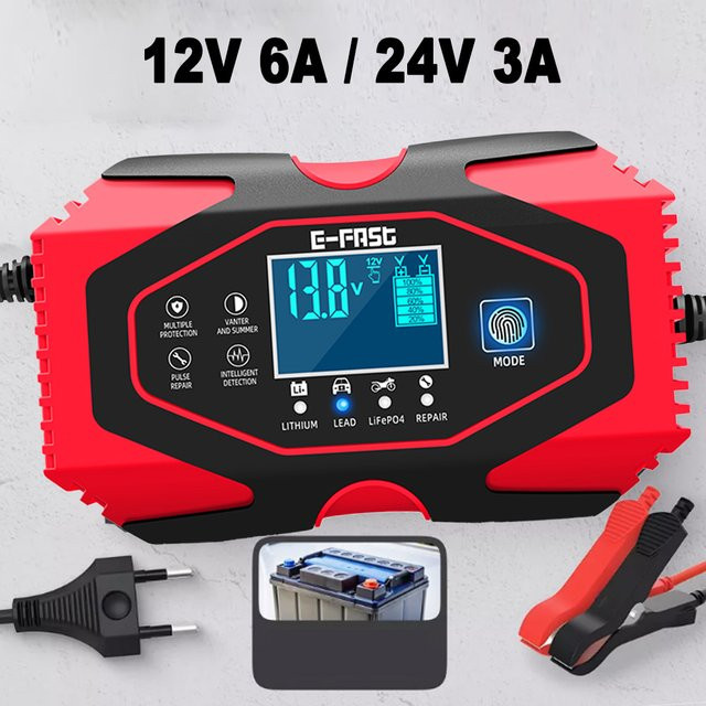7-stufiges Motorrad- und Autobatterie-Ladegerät mit Puls-Reparatur-Funktion für Gel, AGM, Lithium LiFePo4 und Nass-Blei-Säure-Batterien, 12 V 6 A und 24 V 3 A, Rot - Bild 1