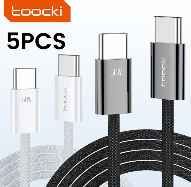 Toocki 5er Set USB-C auf USB-C Kabel mit 60 W Power Delivery für iPhone 15, Samsung, Xiaomi, Huawei und MacBook in Schwarz und Weiß - Bild 1