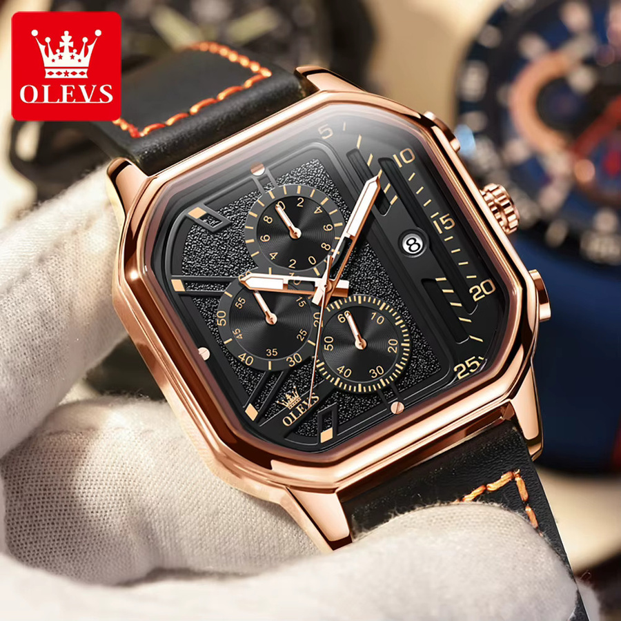 OLEVS Chronograph, Armbanduhr, Leder, Roségold, Schwarz, Herren - Bild 3