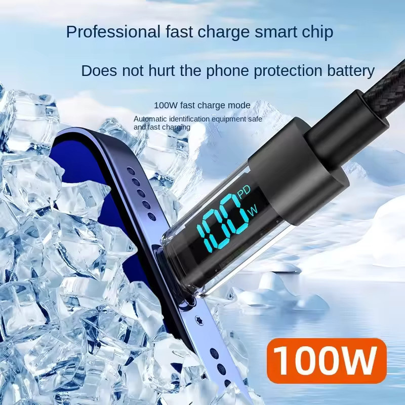 Lann USB-C auf USB-C Schnellladekabel mit Digital-Display und 100W Leistung, Nylon-Geflecht, Schwarz - Bild 3