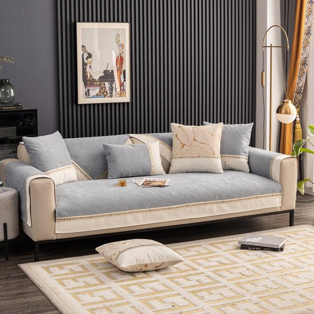 Rutschfester Chenille-Sofabezug in Blau mit Jacquard-Design für Couch und Sessel, B/T/H: 70 x 70 x 0 cm - Bild 1