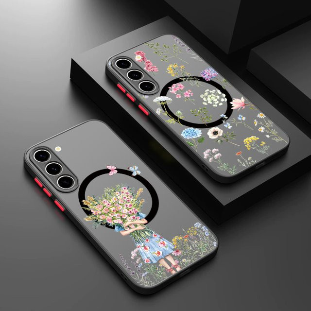 Magnetische Handyhülle mit Blumenmuster für Samsung Galaxy S26 S25 S24 Ultra Plus FE A56 A55 A36 A16 Acryl-Cover in Schwarz und Multicolour - Bild 1