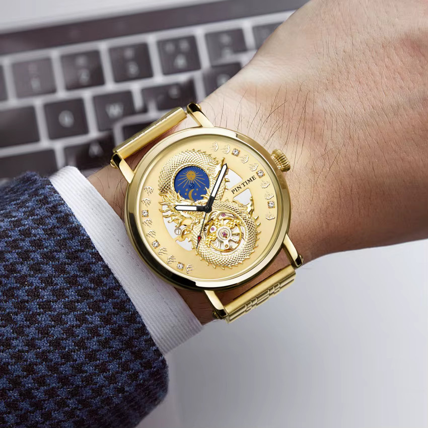 PINTIME Armbanduhr Gold, Automatik, Sonnen- und Mondphasen, Herren - Bild 5