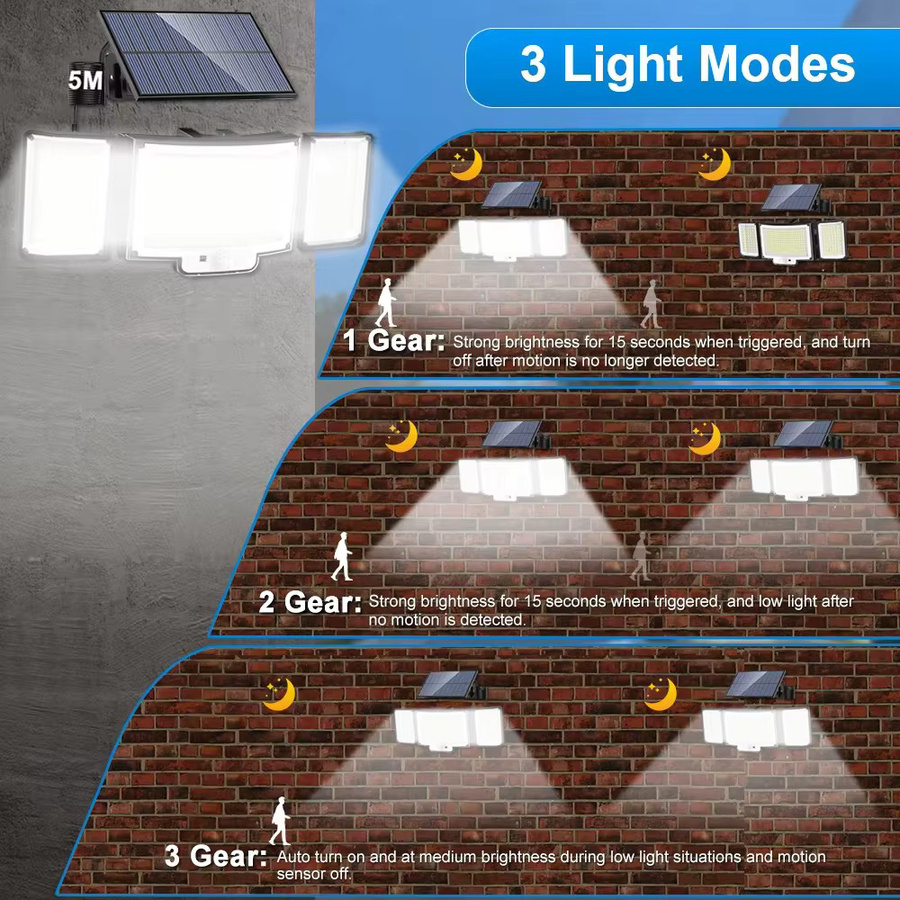 Solar-Außenleuchte mit 366 LED und Bewegungssensor, IP65 wasserdichte Solar-Sicherheitsleuchte mit Fernbedienung und 1800 mAh Akku, 3-Kopf-Weitwinkel-Flutlicht in Schwarz für den Garten - Bild 4