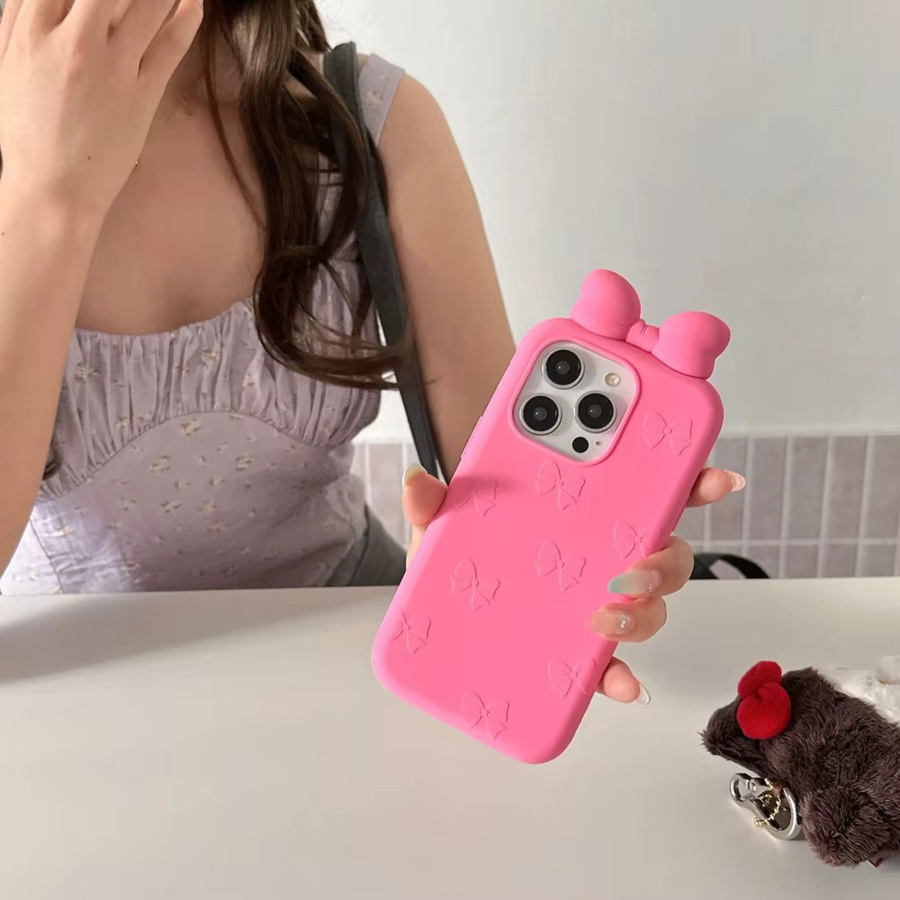 Rosa Silikon Handyhülle mit dreidimensionaler Schleife für Apple iPhone 16, 15, 14 und 13 Pro Max - Bild 4