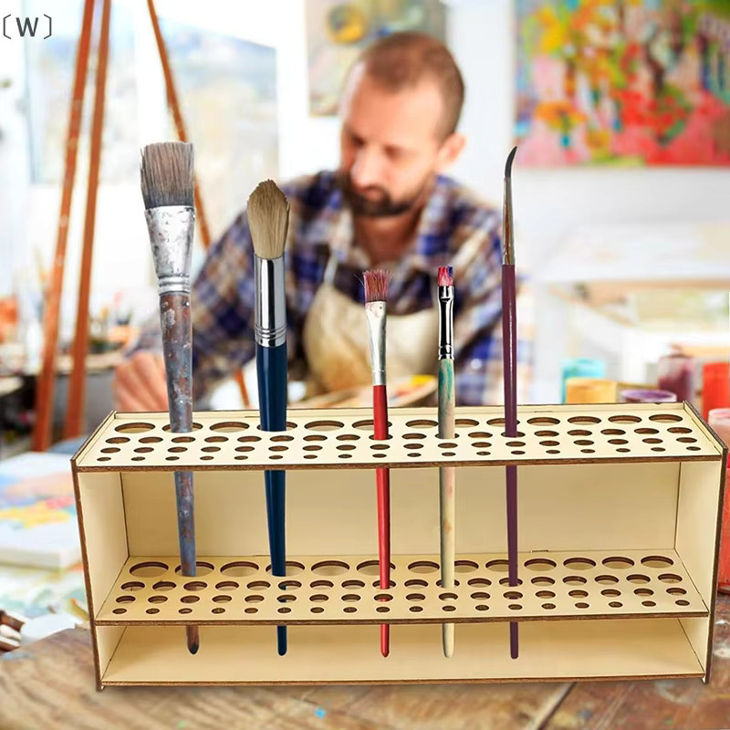 ómW MagaHolz Pinselhalter aus Holz in Braun mit 67 Löchern als Wandmontage oder Schreibtisch-Organizer für Make-up-Pinsel und Malerzubehör - Bild 4