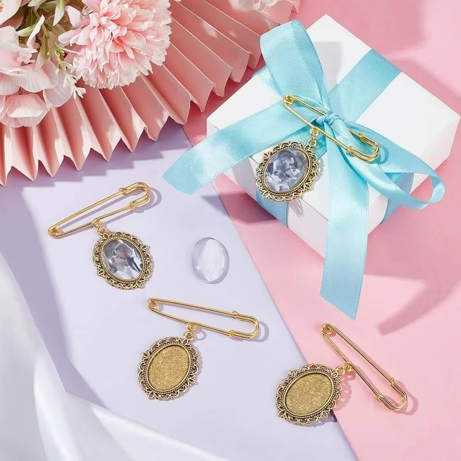 8-teiliges DIY-Pin-Broschen-Herstellungsset aus Legierung und Glas in Gold und Transparent, oval für Foto-Broschen und Hochzeitsstrauß-Schmuck - Bild 2