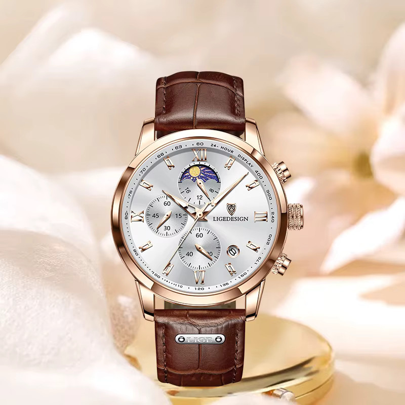 LIGE Armbanduhr Damen, Quarz, Leder, Roségold, Mondphase - Bild 3