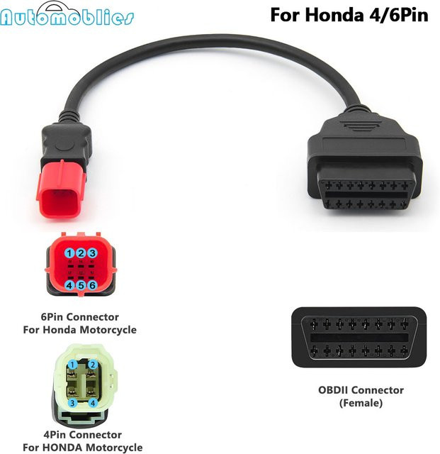 JFIND Diagnosekabel für Honda Motorräder mit 6Pin und 4Pin auf OBD2 16Pin Adapter Stecker in Schwarz - Bild 1