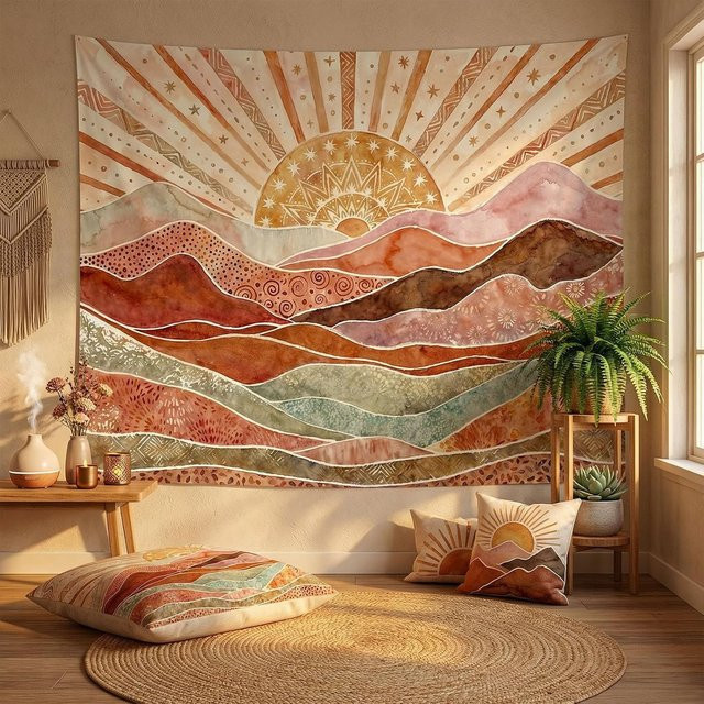 Boho Desert Sun Wandteppich mit Aquarell Berglandschaft in Terrakotta und Salbei, B x H: 150 x 200 cm - Bild 1