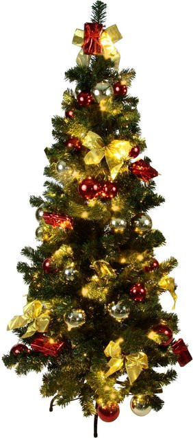 Geschmückter künstlicher Weihnachtsbaum mit LED-Beleuchtung in Grün mit roten, goldenen und silbernen Dekorationen - Bild 1