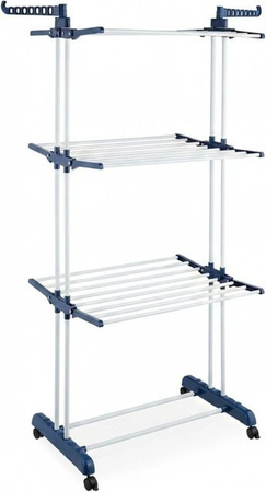Relaxdays Wäscheturm mit 3 Ebenen aus Stahl und Kunststoff, rollbar, Weiß/Blau, H: 179 cm, B: 126 cm, T: 63,5 cm
