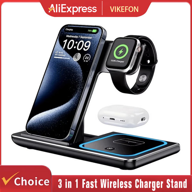 VIKEFON 3-in-1 Faltbare Kabellose Schnellladestation für iPhone, Apple Watch und AirPods in Schwarz - Bild 1