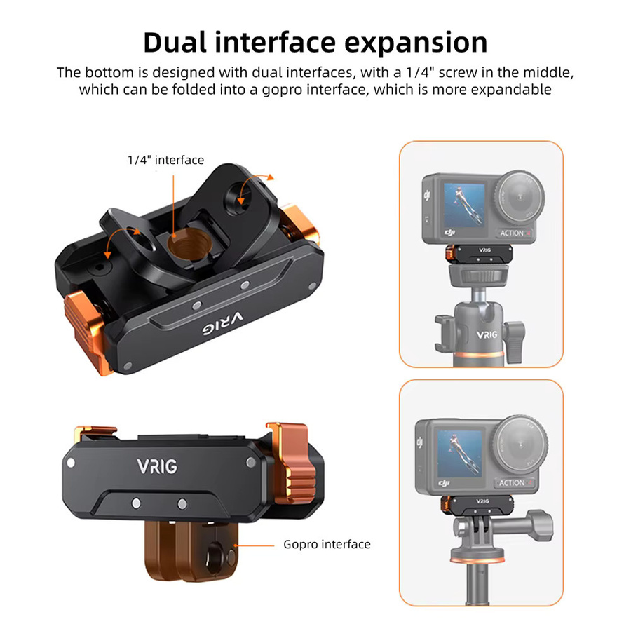 VRIG Magnetische Schnellwechselhalterung für DJI Action 5 Pro, 4 und 3 mit 1/4-Zoll-Schraube und Adapter in Schwarz - Bild 3