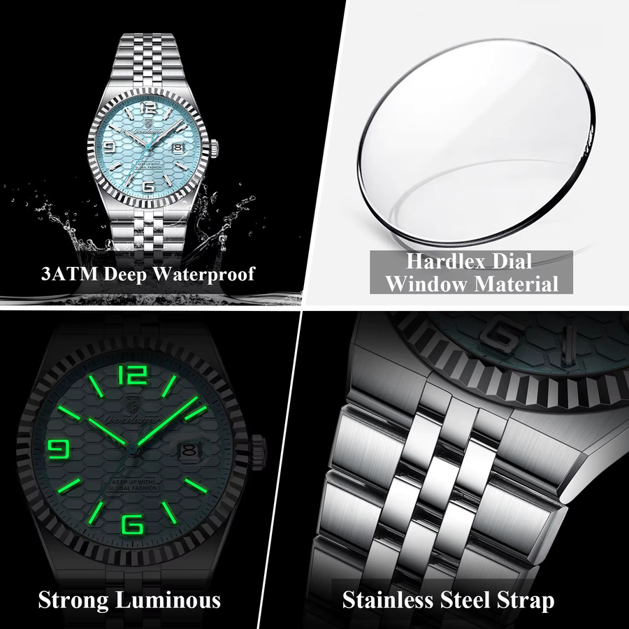 POEDAGAR Armbanduhr Edelstahl, Quarz, Schwarz, Herren, Datum - Bild 4