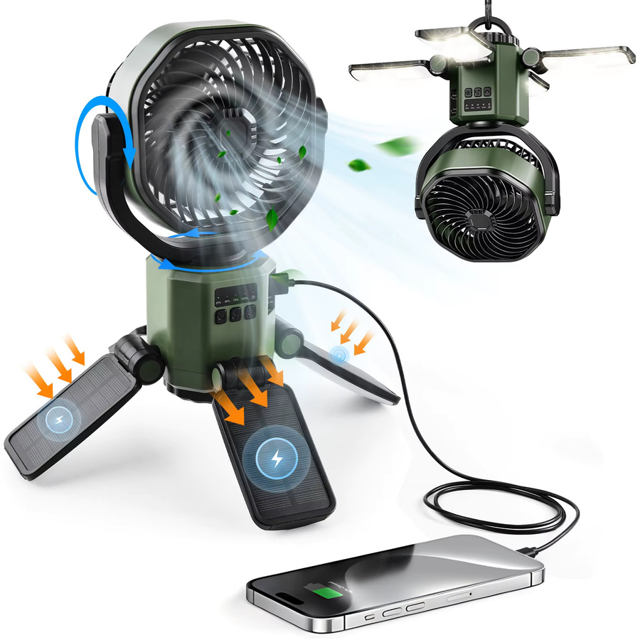 Eary Solarbetriebener Ventilator mit LED-Licht und 6000 mAh Akku in Grün für Camping und Outdoor - Bild 7