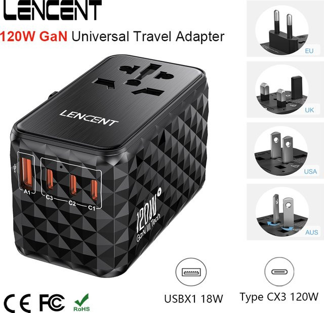 LENCENT GaN Universal Reiseadapter mit USB-A und Type-C Fast Charging, 120W, Schwarz - Bild 1